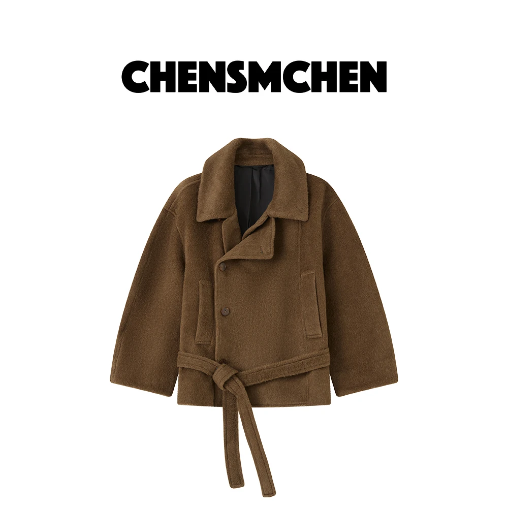 CHENSMCHEN 进口羊驼毛立领系带毛呢外套女冬季百搭上衣C24D051YQ