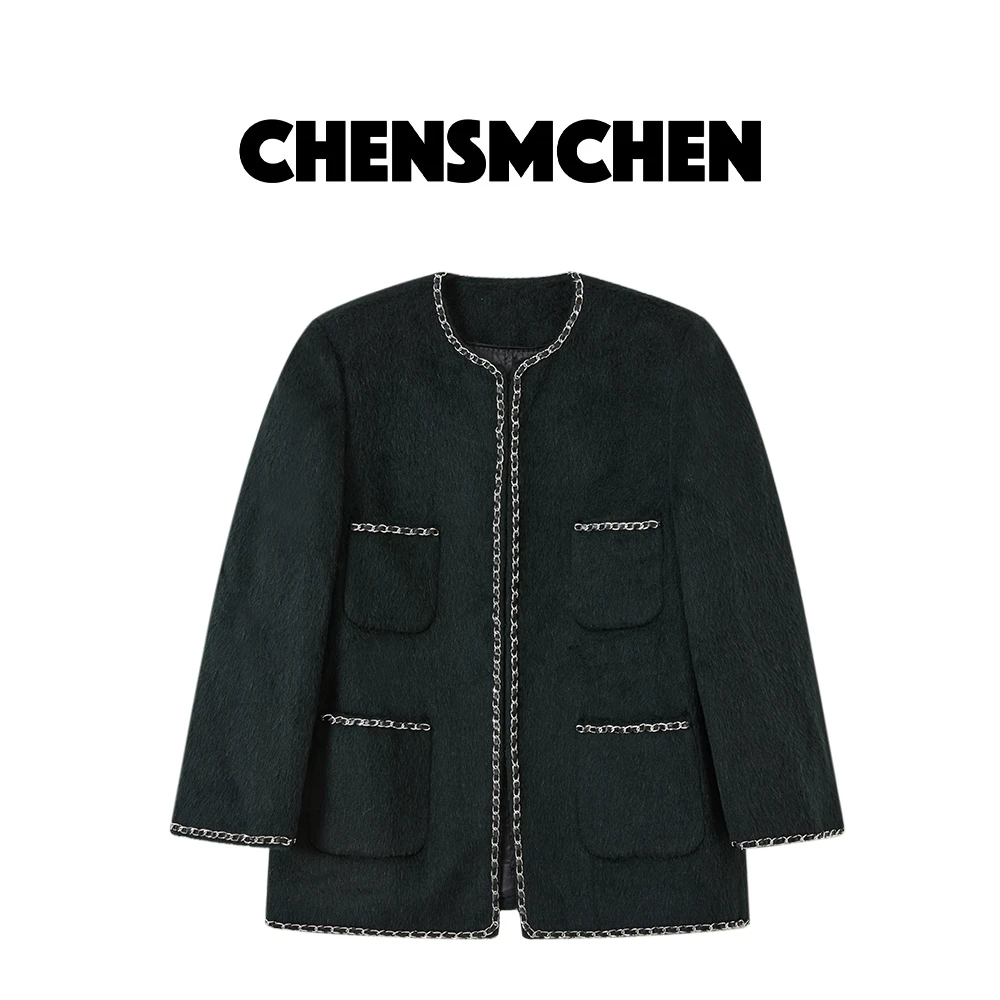 CHENSMCHEN 绵羊毛圆领长袖毛呢外套女秋季百搭宽松上衣C24W096SL