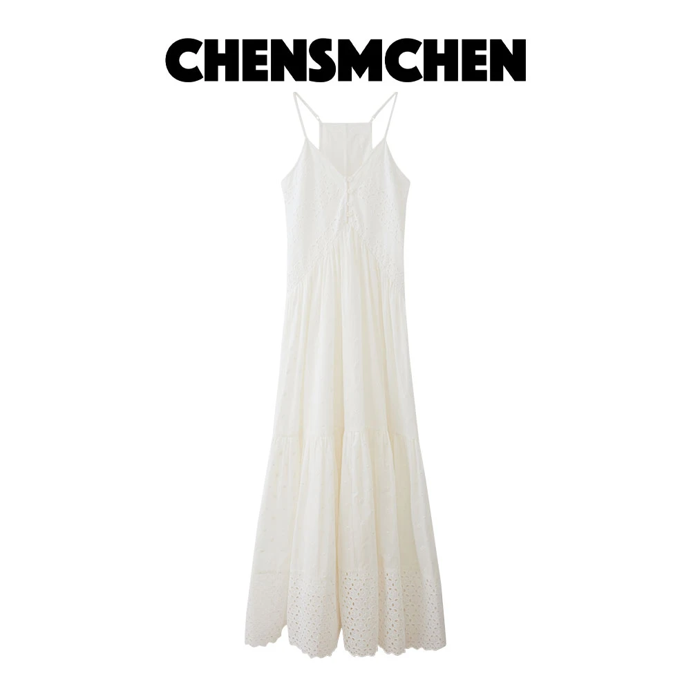 CHENSMCHEN【无暇】设计感白色吊带裙女夏季中长款连衣裙C24L6015R