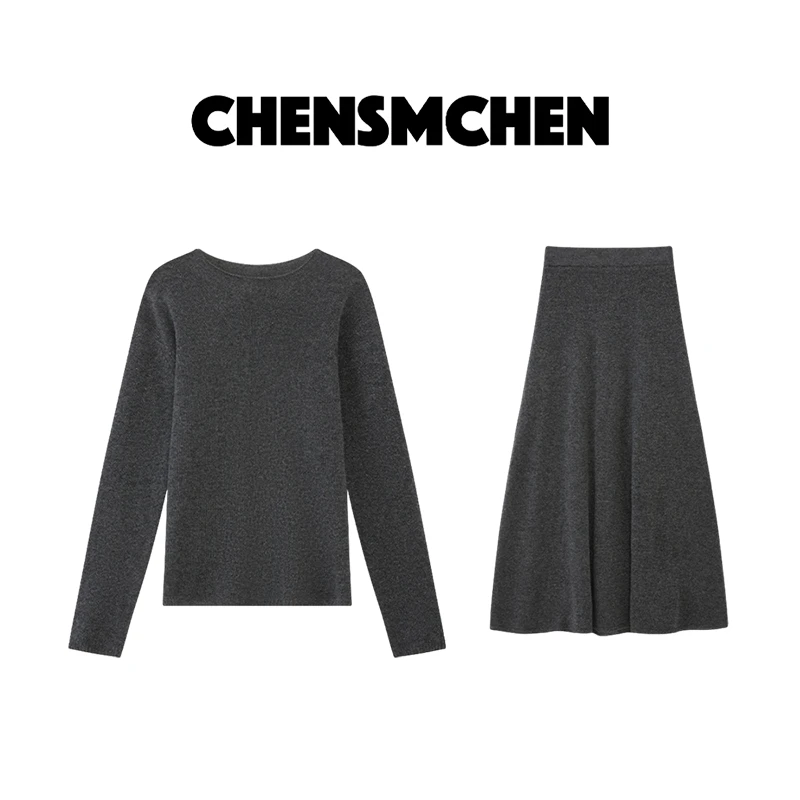 CHENSMCHEN 绵羊毛圆领套衫上衣松紧腰半裙2套女C24G030YQA