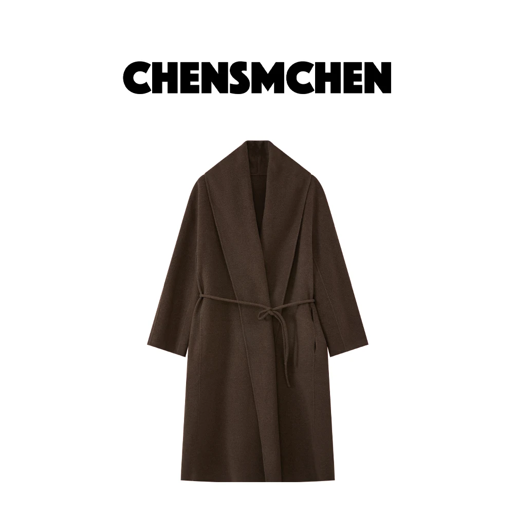 CHENSMCHEN进口翻领系带毛呢外套女秋季百搭双面尼外套C24D002TT
