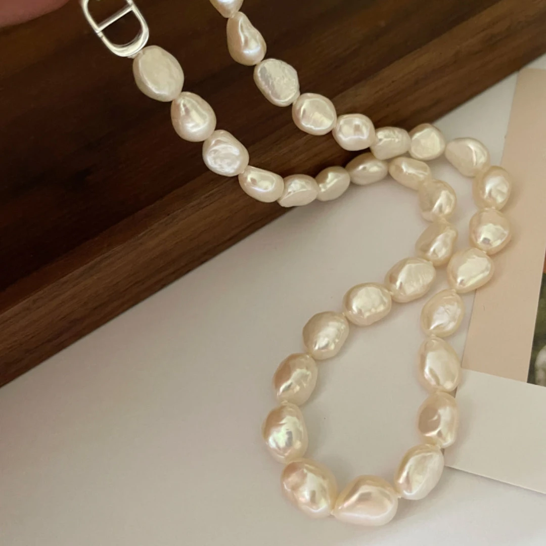 8-9mm强光无暇天然淡水巴洛克珍珠项链个性小众轻奢S925银毛衣链