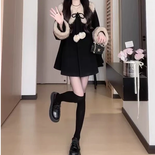 松本丧丧复古黑色毛毛外套秋冬拼接气质宽松毛呢秋冬