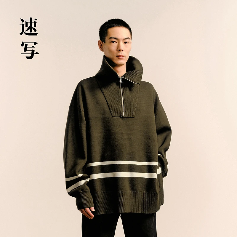 速写男装秋冬新款休闲宽松毛衫复古学院撞色设计潮上衣9O0311450