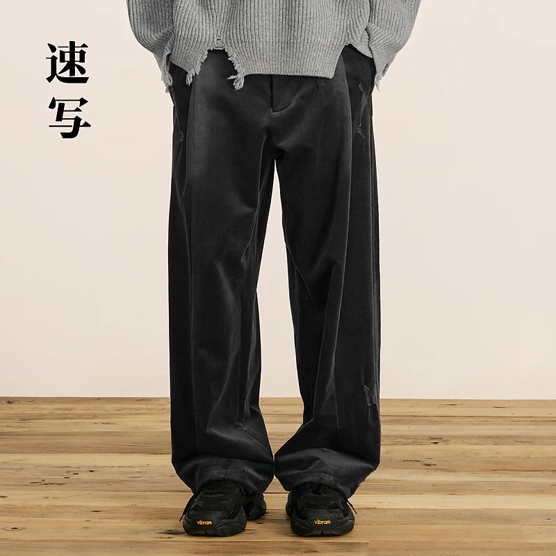 速写男装秋冬新款宽松休闲裤灯芯绒磨破做旧设计长裤9OAE12570