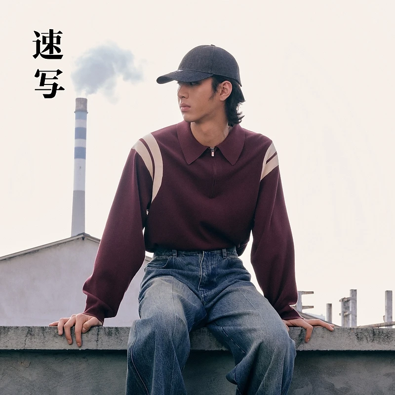 速写男装毛针织衫宽松翻领套头复古百搭男生时尚休闲9N9310870