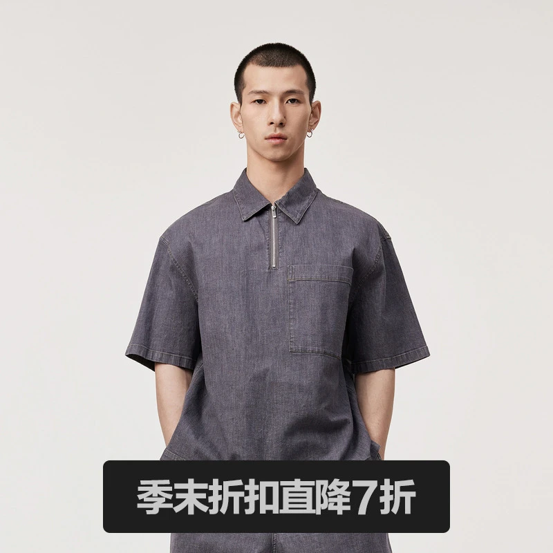 速写男装夏季新品衬衫短袖翻领拉链休闲舒适简约时尚男9O4212260