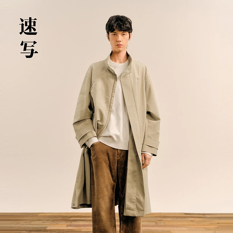 速写男装秋冬新款休闲宽松风衣立领长款户外潮流外套9O9910480