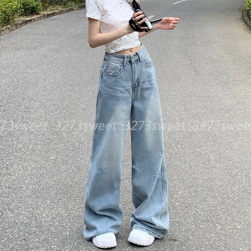 美式复古阔腿牛仔裤女春秋2025新款浅色宽松百搭高腰垂感拖地裤子