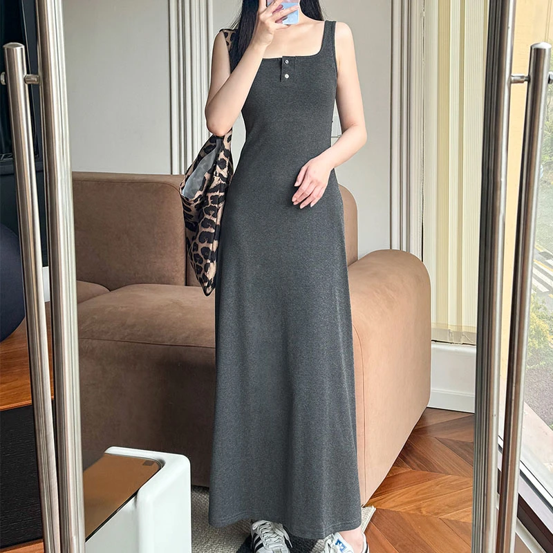 灰色吊带裙辣妹长裙修身连衣裙女夏季气质收腰显瘦包臀裙背心裙子