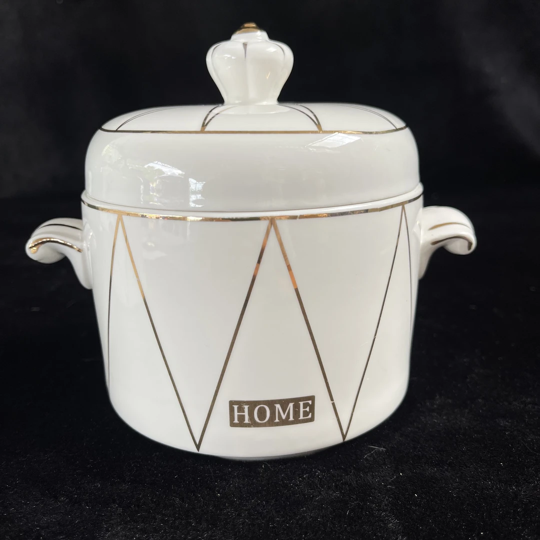 欧式简约描金双盖炖盅陶瓷盅家用耐高温瓷器可做猪油罐储物罐尾单