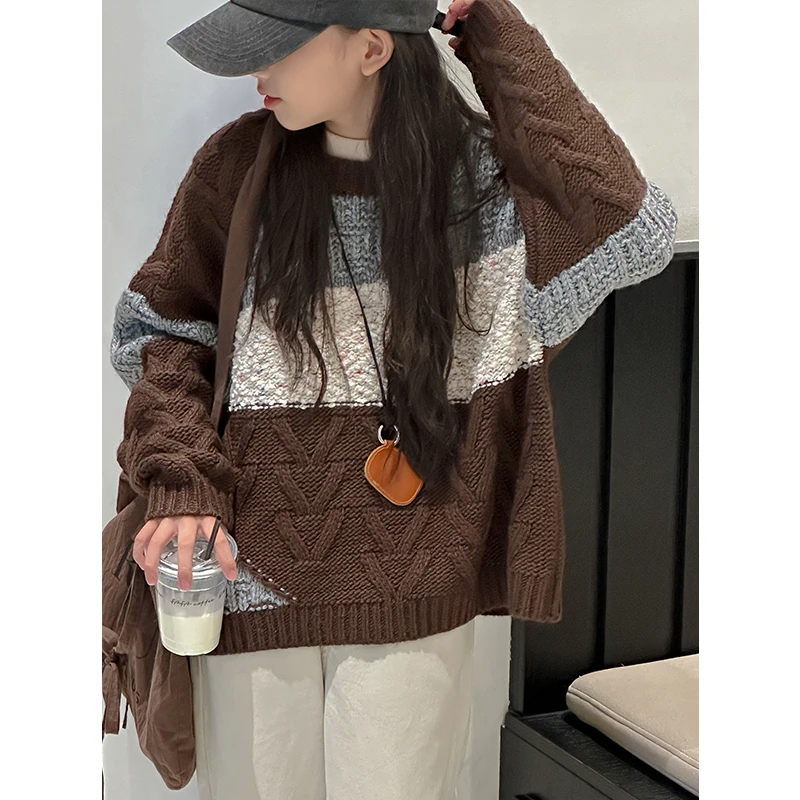 K26968撞色女童2025新款秋冬装女大童休闲针织衫毛衣加厚保暖时髦