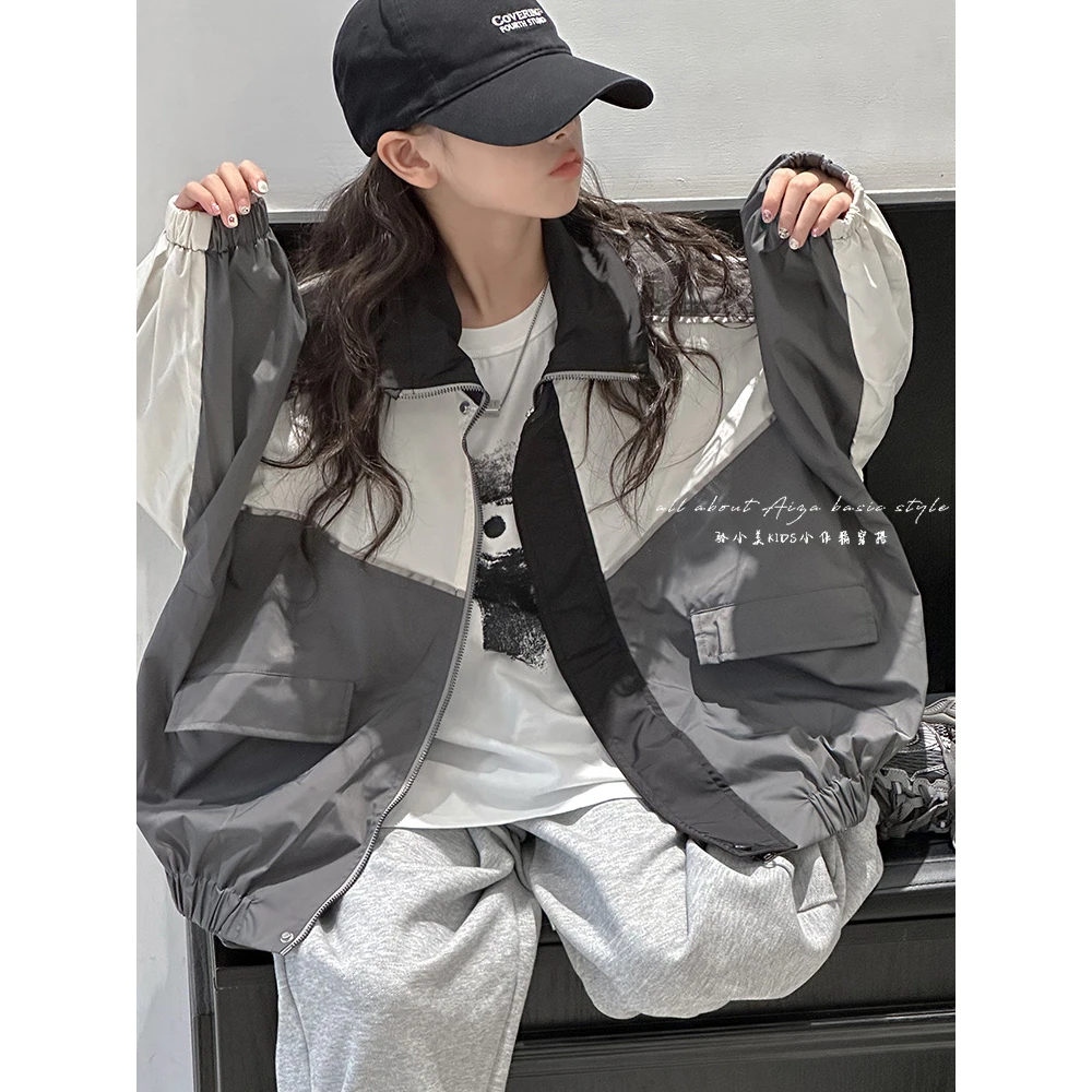 K24584韩国童装女童外套冲锋衣春装新款儿童春秋洋气时髦撞色风衣