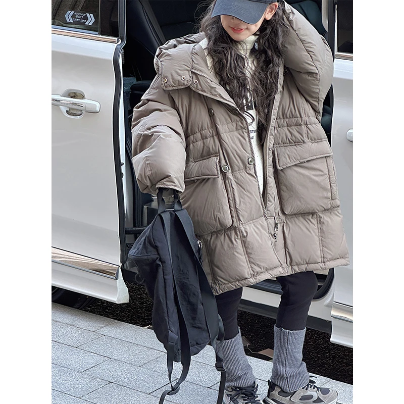 K27848双排扣女童中长款羽绒服2025新款冬装儿童加厚连帽外套保暖