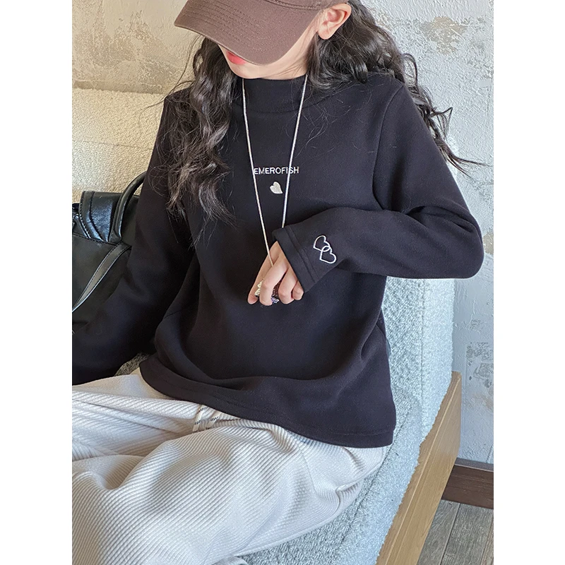 K27851半高领女童长袖T恤2025新款秋冬装儿童加绒加厚保暖打底衫t