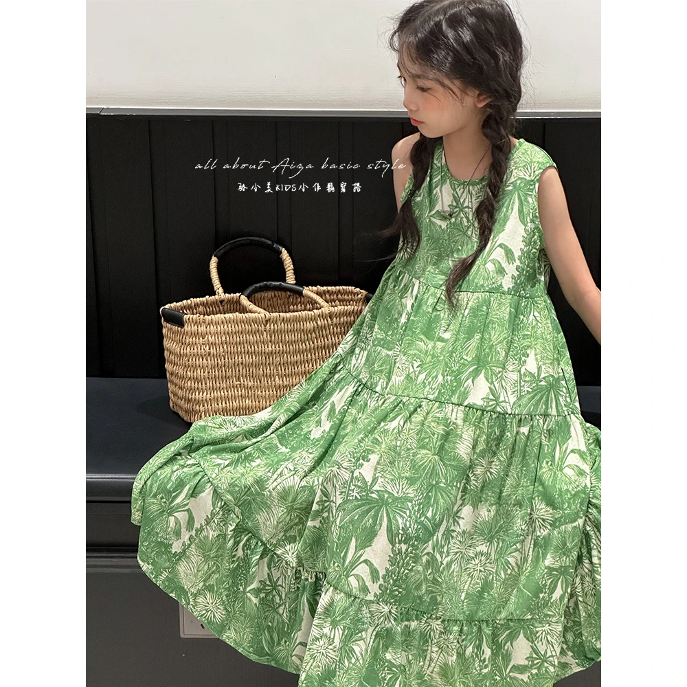 K24335韩国童装女童连衣裙儿童碎花裙2025夏装女孩大童无袖背心裙
