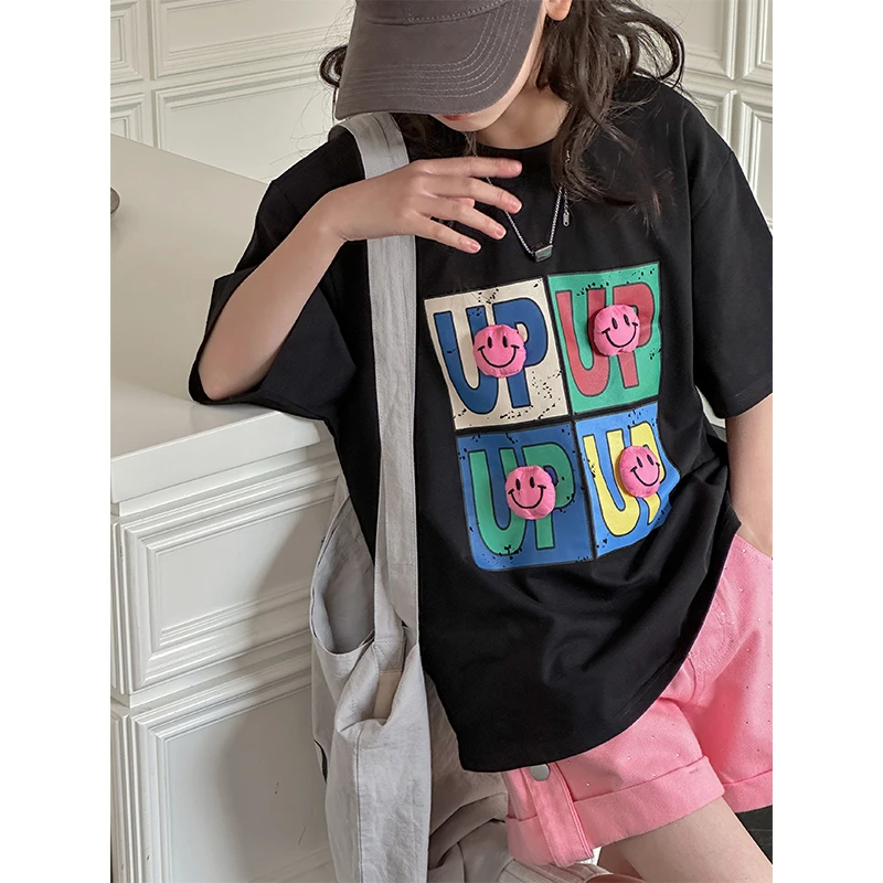 K25971原创设计女童拼色短袖T恤2025夏装新款儿童上衣大童打底t潮
