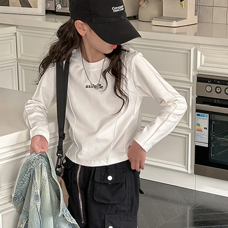 K25606女童白色T恤2025春秋装新款短款长袖上衣修身打底衫内搭潮t