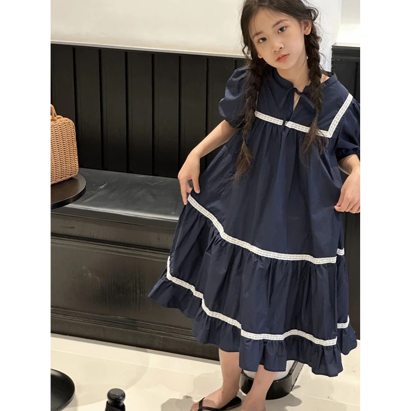 K24198韩国童装蕾丝拼接女童连衣裙夏装新款2025短袖裙子公主裙子