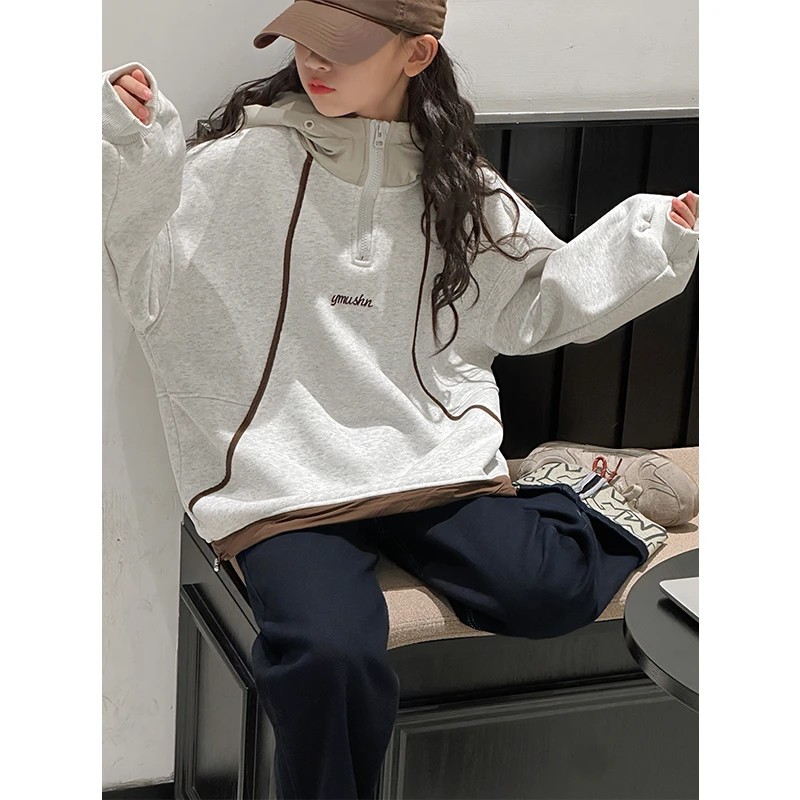 K27630拼接女童连帽卫衣秋冬装加绒加厚上衣新款2025儿童衣服洋气