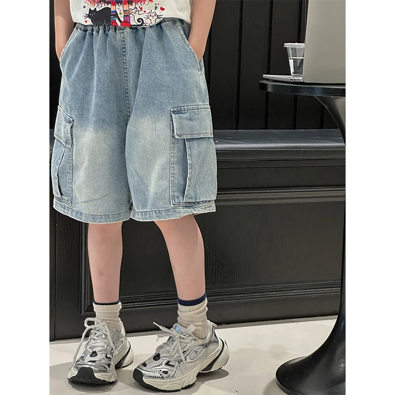 K26034磨白贴袋女童夏装牛仔短裤2025新款裤子夏季五分裤工装裤潮