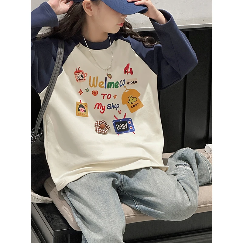 K27674插肩袖女童长袖T恤2025新款儿童秋冬加厚上衣休闲打底衫潮t