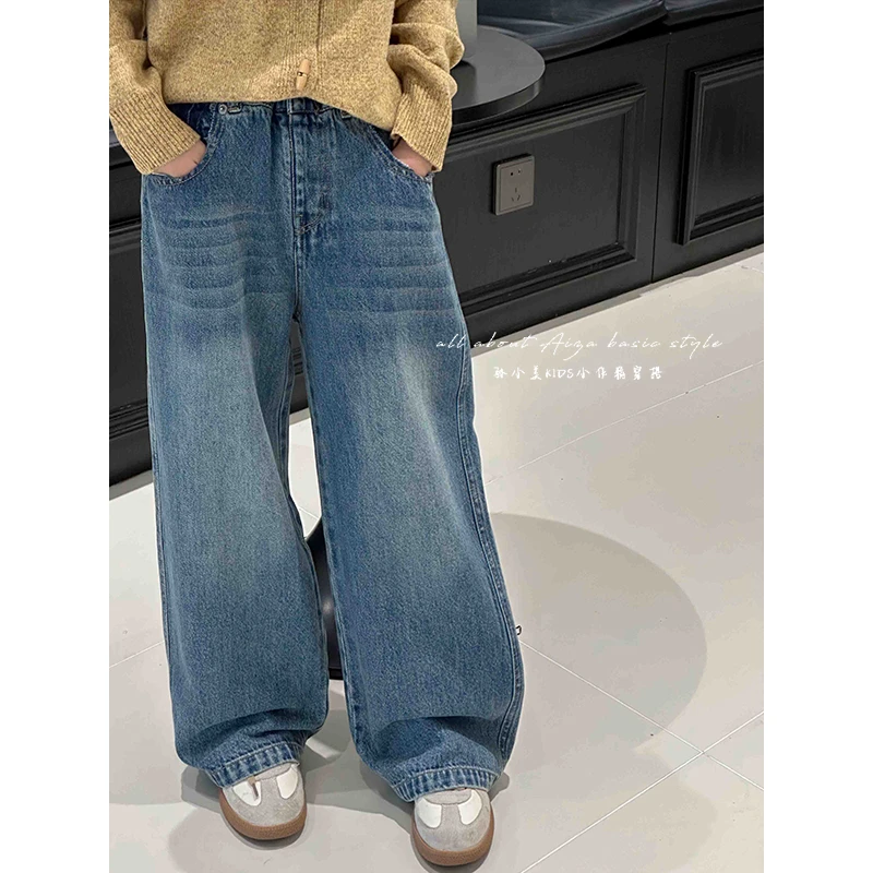 K24205韩国童装女童春装牛仔裤裤秋冬新款直筒裤加绒加厚宽松长裤