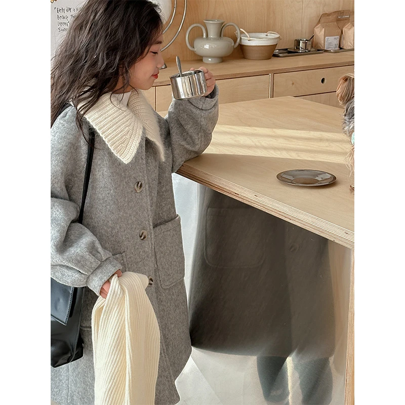 K25588针织领女童羊毛呢大衣儿童中长款毛呢外套2025秋冬夹棉加厚