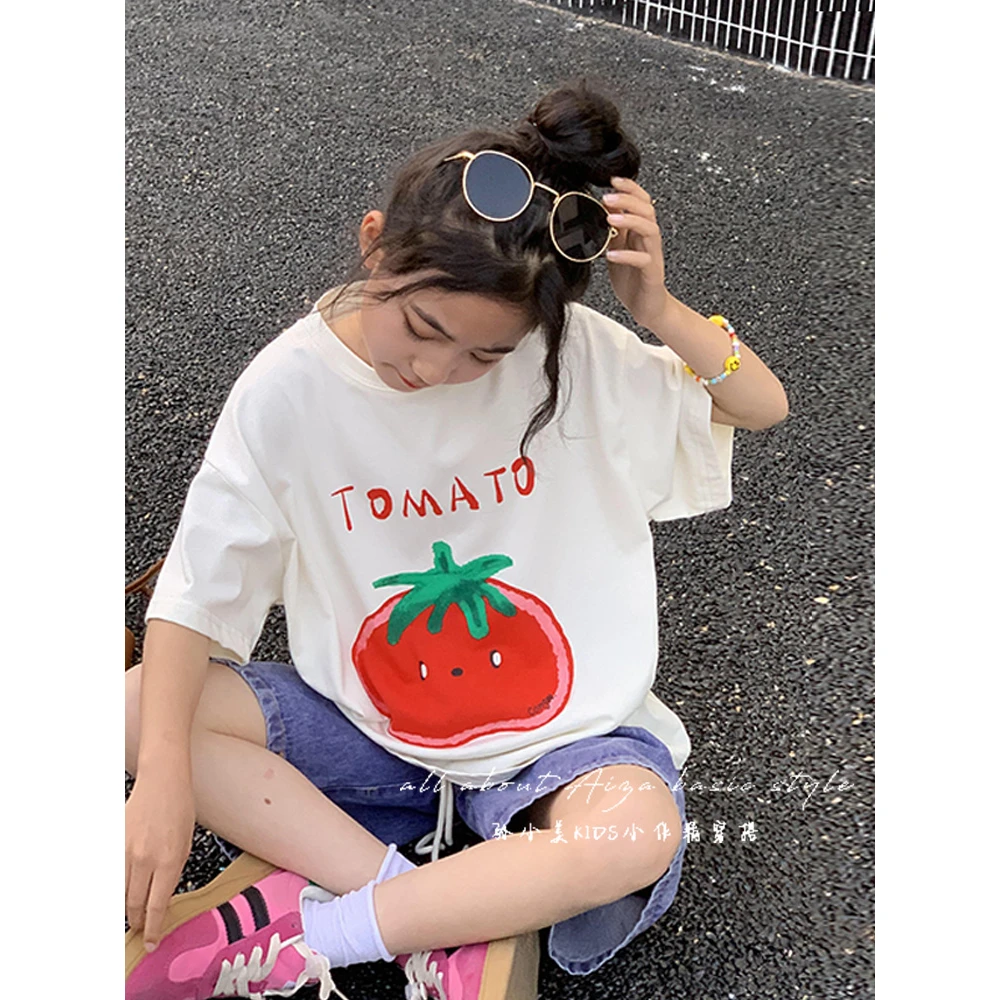 K23517女童短袖t恤儿童夏装上衣2025新款洋气大童女孩夏季白t女宝
