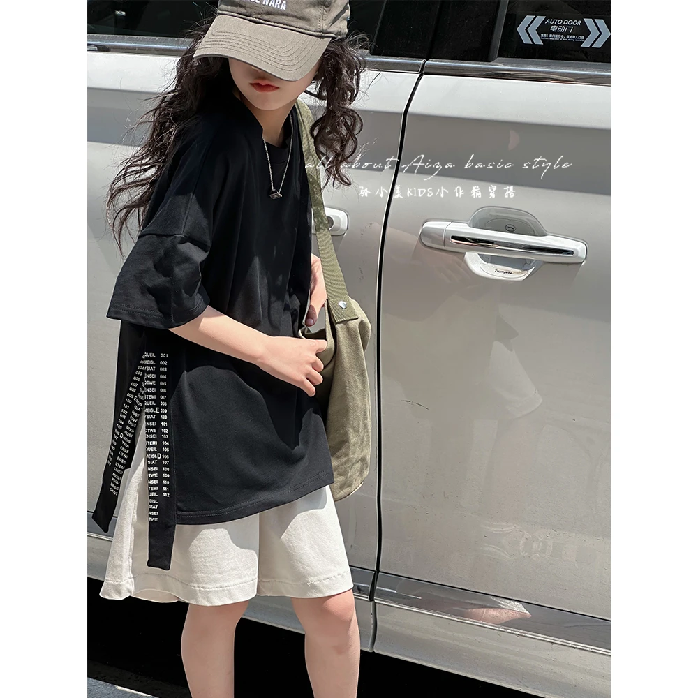 K23958落肩字母侧开叉女童T恤儿童短袖上衣夏装新款2025韩国童装