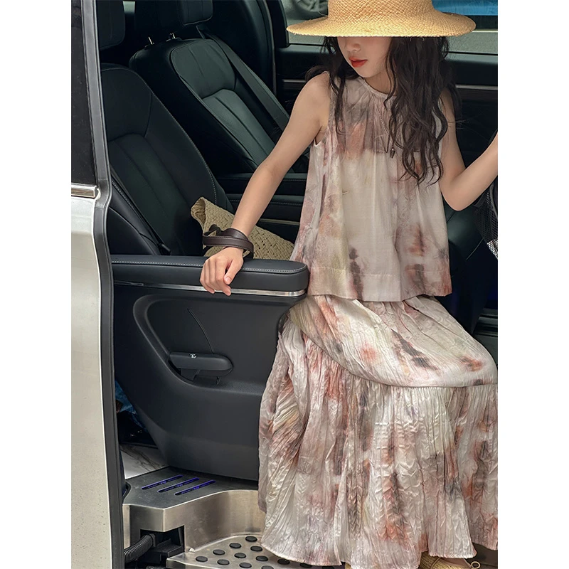 K26541扎染女童夏季套装2025新款儿童肌理感半身裙女孩背心裙子潮