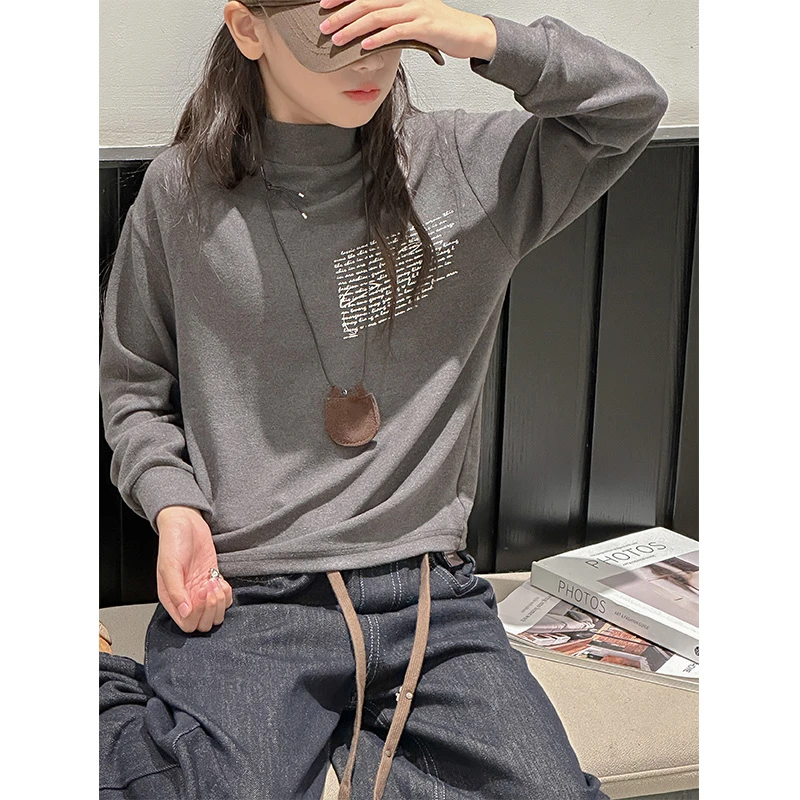 K27517孙小美半高领女童长袖T恤2025新款秋冬磨毛加厚打底衫t