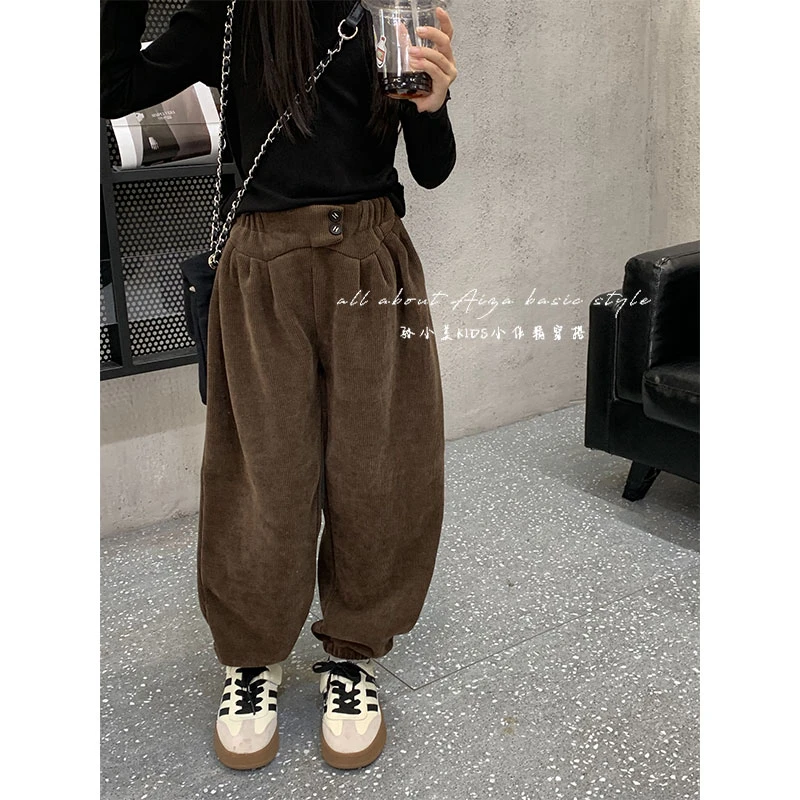 K22916条绒女童休闲裤儿童加绒加厚裤子秋冬新款外穿束脚长裤春秋