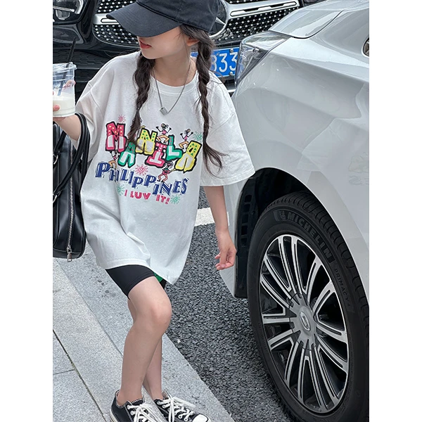 K23515韩国原创童装女童T恤儿童短袖上衣2025夏装新款宽松白t体恤