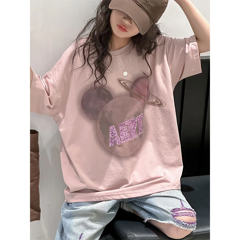 K26608亮片女童短袖T恤2025夏季新款儿童宽松上衣大童半袖百搭薄t