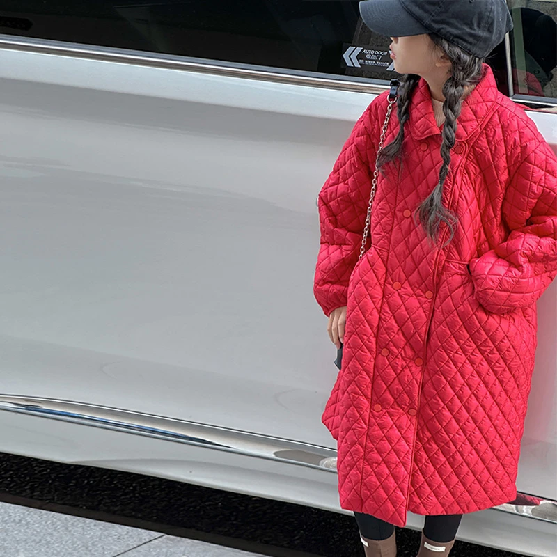 K25549菱形格女大童长款棉服袄儿童夹棉加厚外套2025冬装新款棉衣