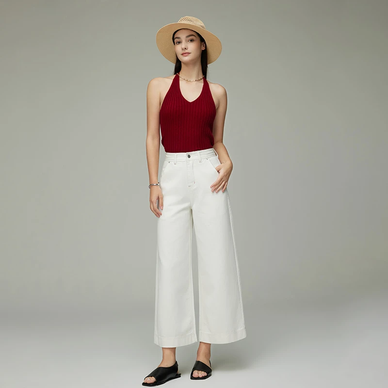 集也白色休闲牛仔阔腿裤春秋时尚新款高腰宽松垂感九分大直筒女裤