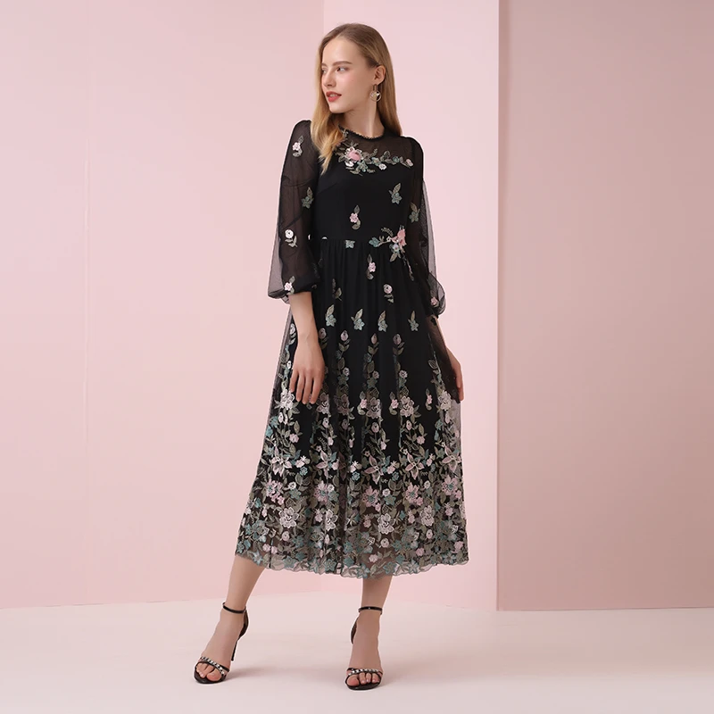 Pink Mary/粉红玛琍连衣裙收腰气质黑色长裙PMAJS5723