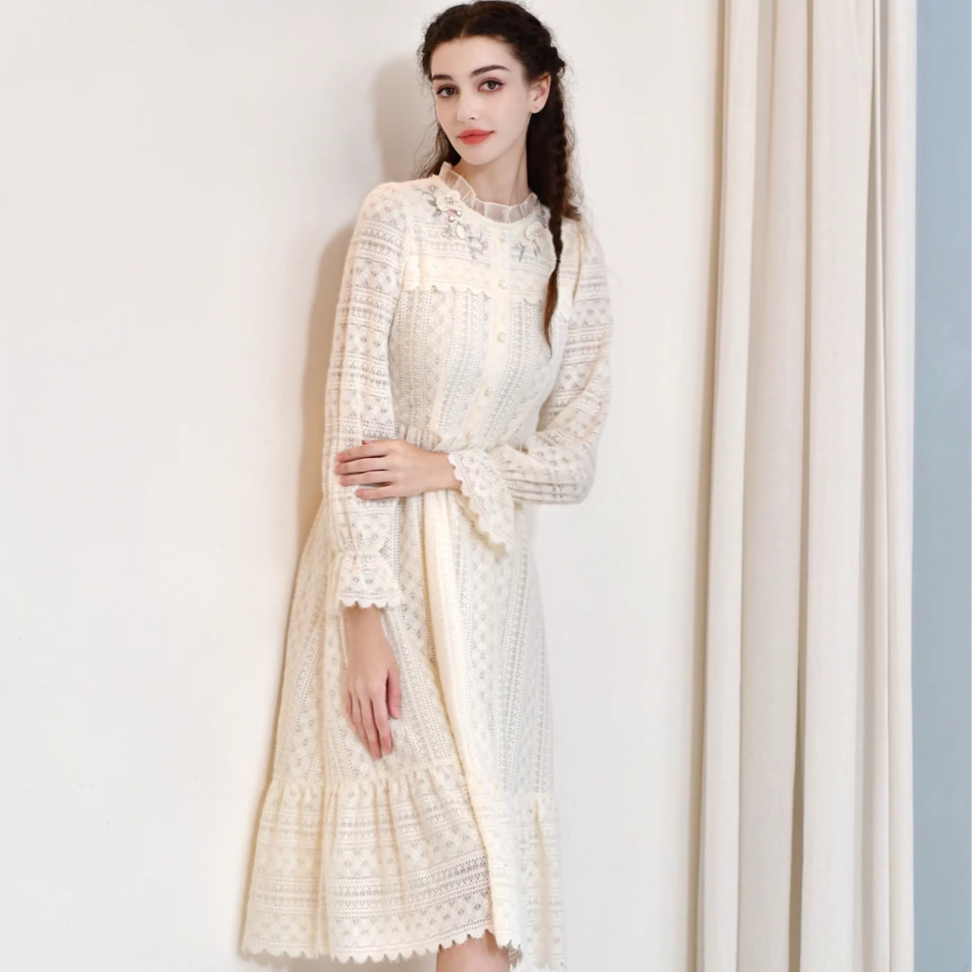 Pink Mary/粉红玛琍气质白色长袖时尚连衣裙TMANW5516