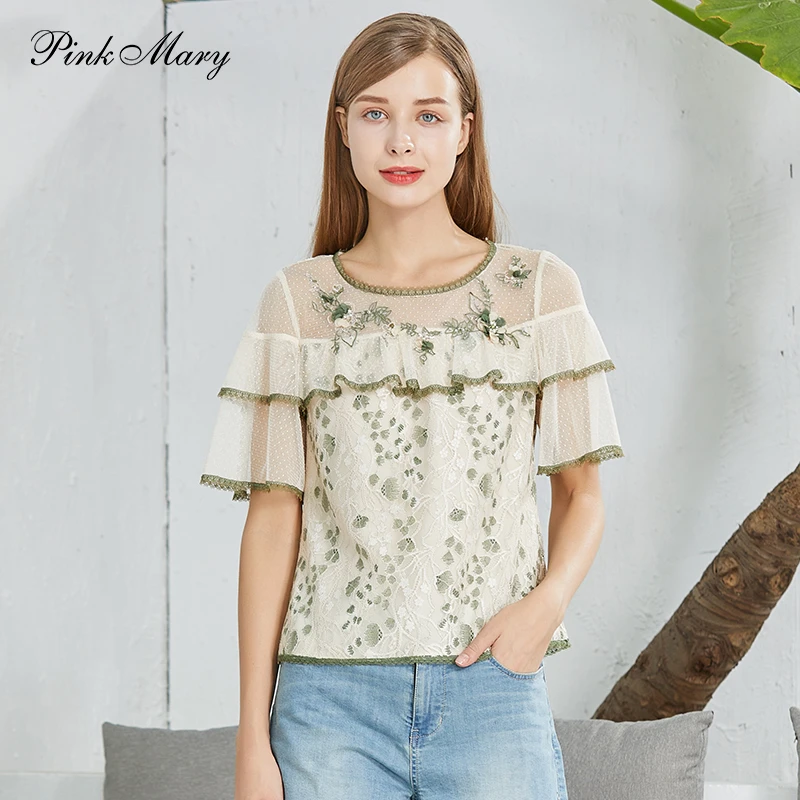 Pink Mary/粉红玛琍圆领荷叶边短袖上衣PMAKS1051