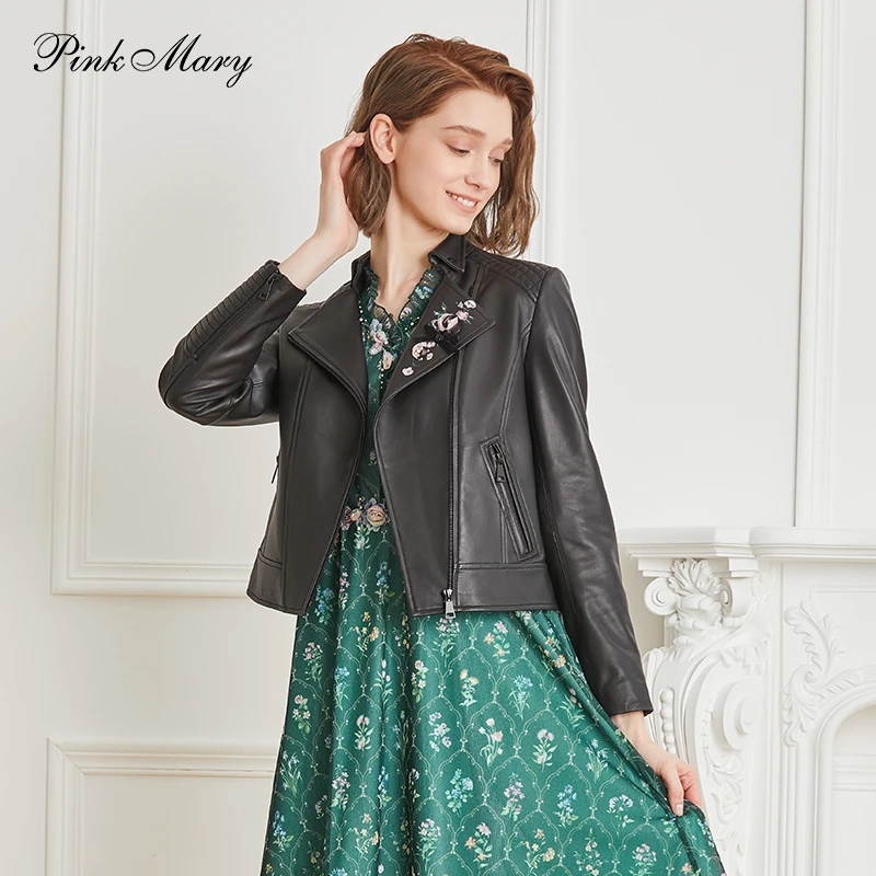 Pink Mary/粉红玛琍钉珠绣花皮衣外套PMAMW7002