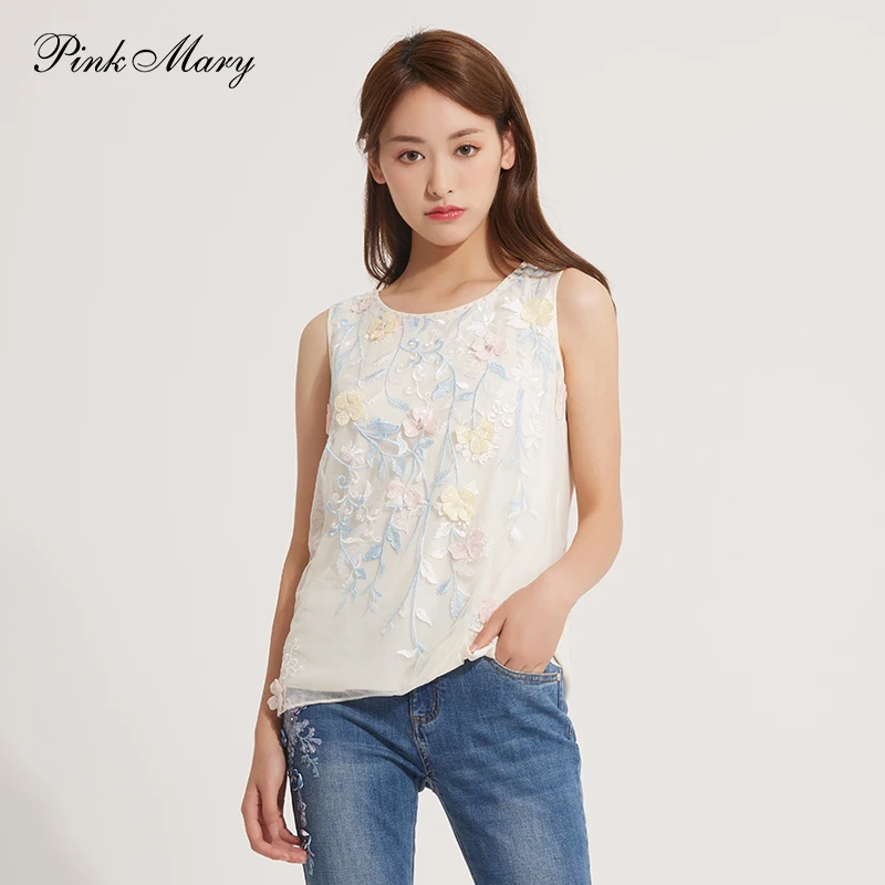 Pink Mary/粉红玛琍背心绣花蕾丝无袖上衣女PMAIS1702