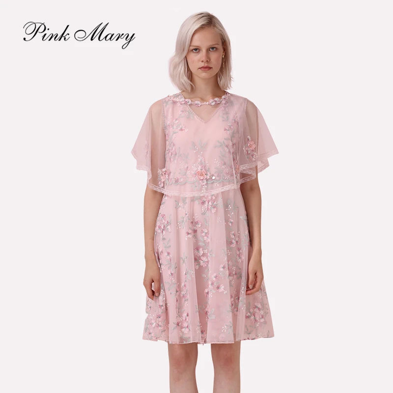 Pink Mary/粉红玛琍无袖连衣裙春夏网纱绣花PMAJS5213