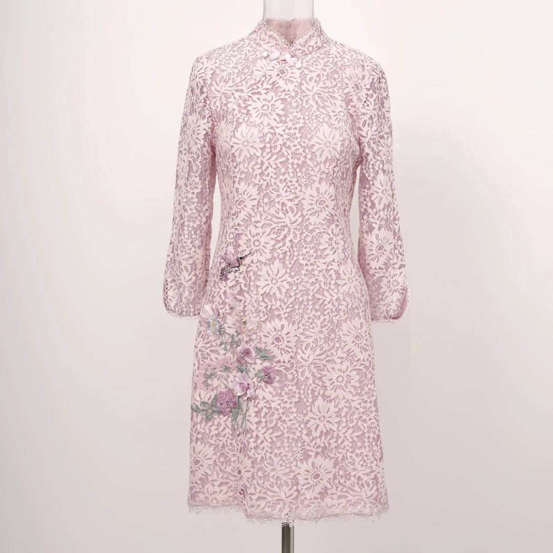 Pink Mary/粉红玛琍蕾丝钉珠绣花长袖连衣裙TMANS5529