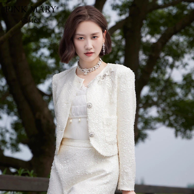 Pink Mary Miss粗花呢蕾丝重工小香风设计师外套PMMMW6301