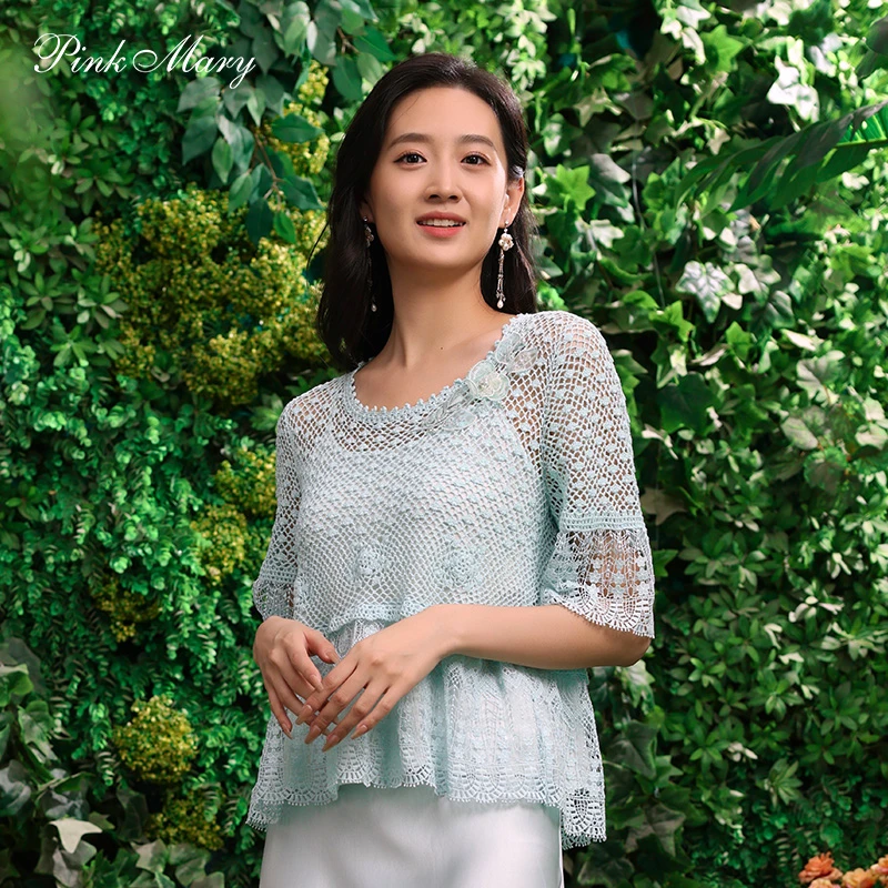 Pink Mary/粉红玛琍夏季时尚拼接蕾丝套衫PMAMS8051