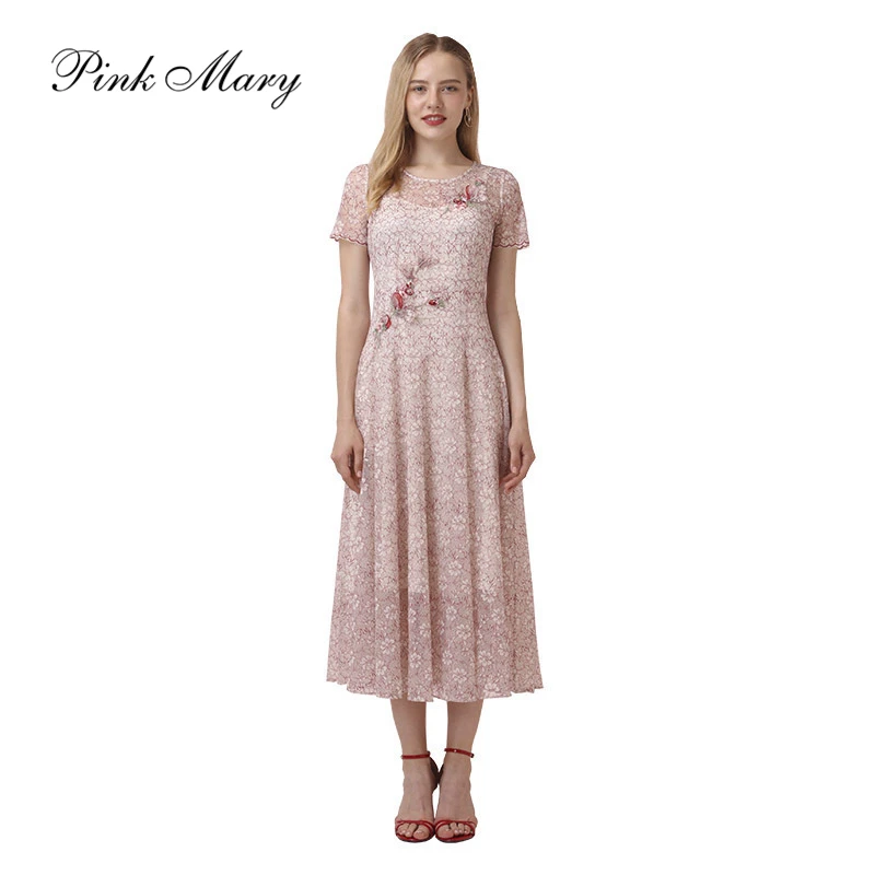 Pink Mary/粉红玛琍长款蕾丝连衣裙绣花收腰散摆淑女PMAJS5726
