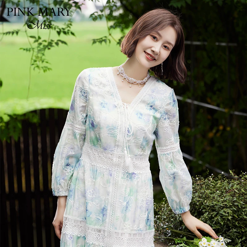 Pink Mary Miss初秋V领印花醋酸法式浪费连衣裙PMMMW5506