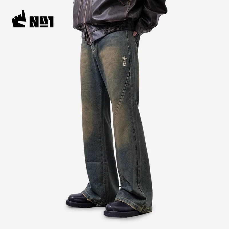 南波万复古怀旧黄泥锈色水洗宽松微喇叭裤美式高街牛仔长裤