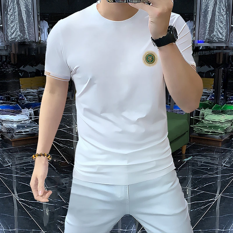 男士夏季新款冰丝短袖t恤烫钻虎头休闲上衣透气修身男装半袖潮T